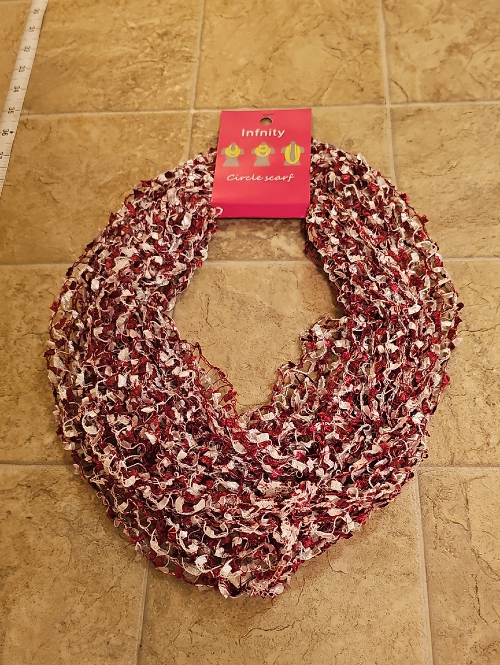 NFINITY Burgundy & White Crochet Loop Scarf
